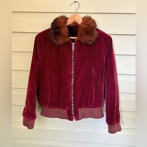 Vintage maroon corduroy jacket brown faux fur reversible bomber burgundy M EUC